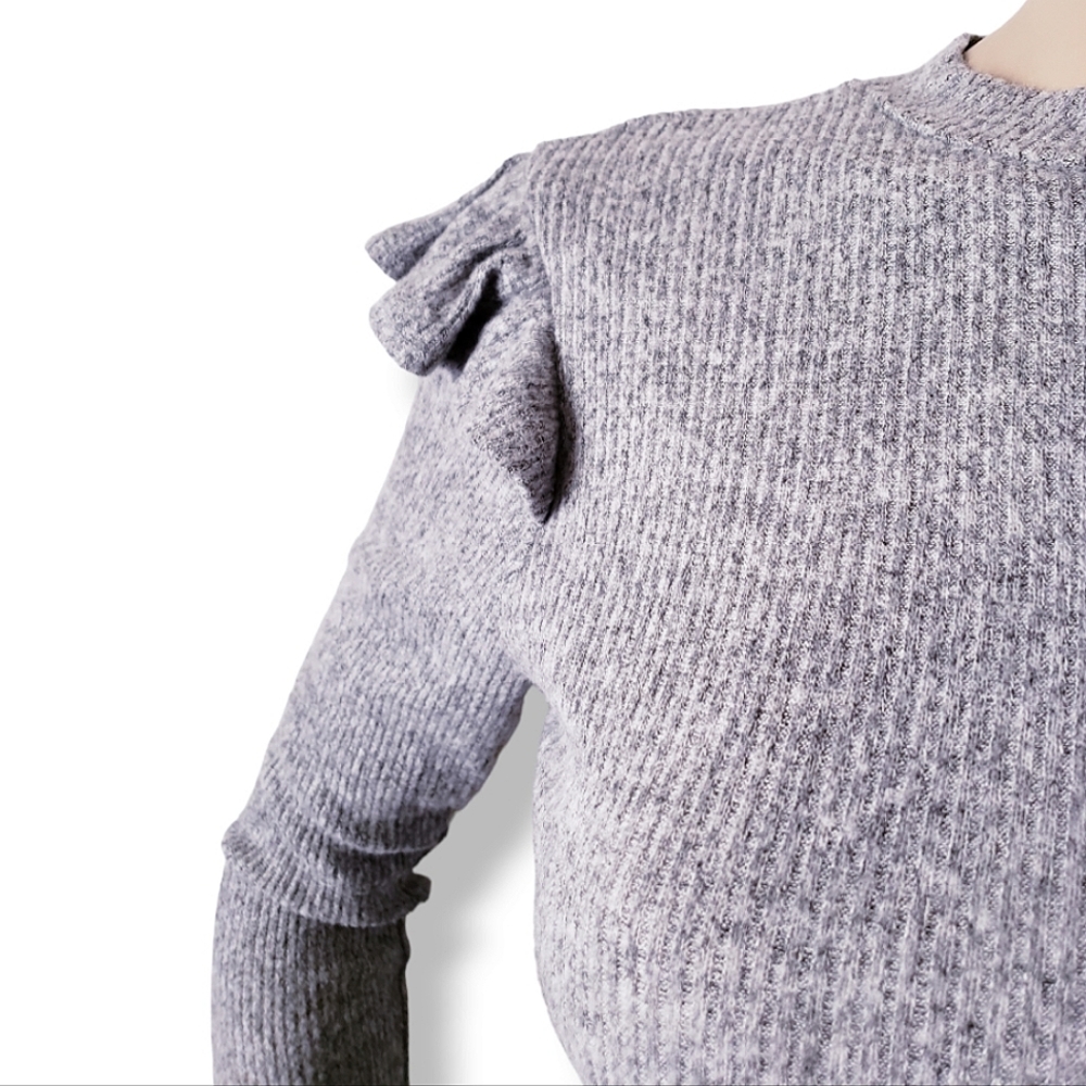 Heart & Hips Gray Ribbed Ruffled Shoulder Cropped Sweater Top - Picture 2 of 8
